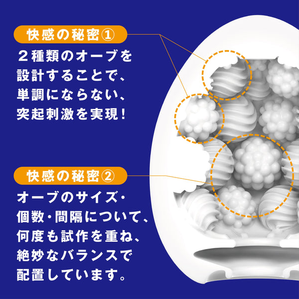 TENGA EGG BOUNCY 飛機蛋內部結構細節圖，展示大小不同的球體與肋紋組合，強調彈跳與滾動快感的設計重點。