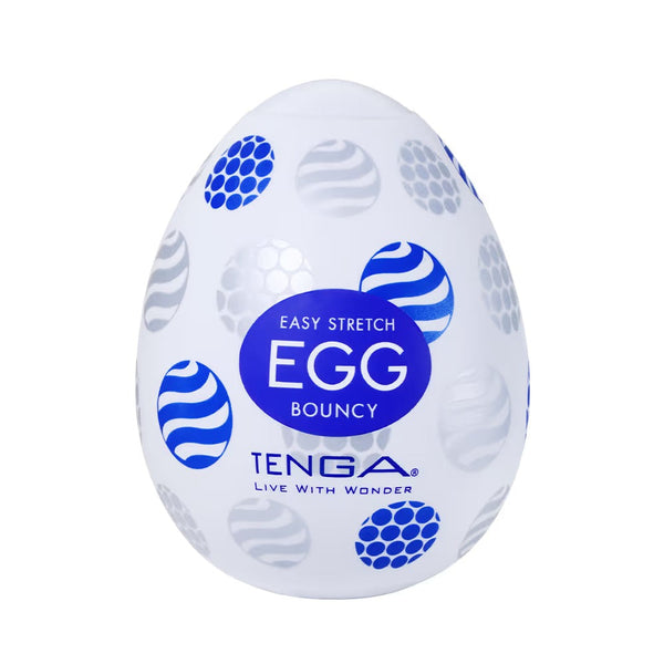 TENGA EGG BOUNCY 飛機蛋包裝正面圖，白色蛋形外殼配藍色圓球與波浪紋設計，產品名稱清晰可見。