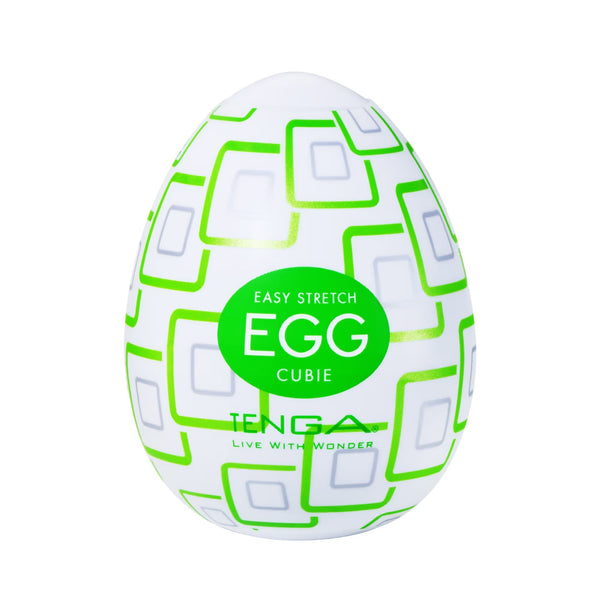 TENGA EGG CUBIE 飛機蛋 包裝正面清晰照，白色蛋形設計配綠色方塊圖案