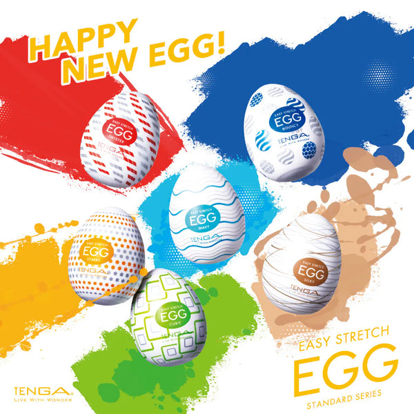 TENGA EGG New Standard 系列飛機蛋宣傳海報，展示六款全新設計，包括 Twister、Bouncy、Wavy、Starry、Cubie、Silky，帶來多樣快感體驗。