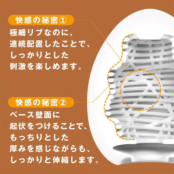 TENGA EGG SILKY 飛機蛋細節構造圖，特寫展示細緻交錯肋紋與基底起伏設計，帶來絲滑纏繞與Q彈刺激