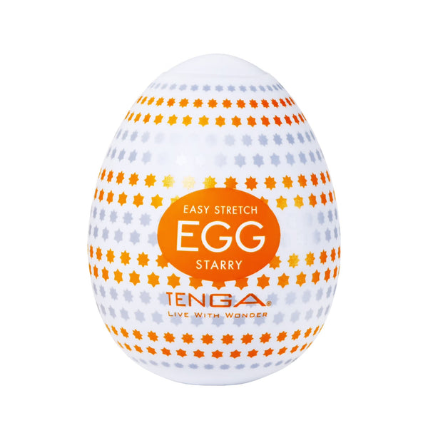 TENGA EGG STARRY 飛機蛋 新版正面圖，展示星形橙色圖案設計與系列標誌
