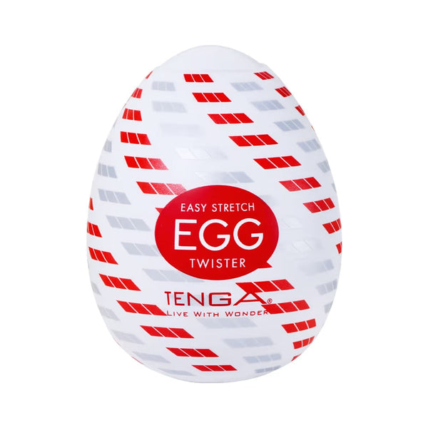 TENGA EGG TWISTER 飛機蛋 包裝正面清晰圖，白色蛋形外殼配紅色螺旋線條設計