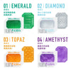 TENGA UNI 系列產品全覽，包含 EMERALD 綠寶石、DIAMOND 鑽石、TOPAZ 黃寶石與 AMETHYST 紫晶石，顯示不同設計與功能。